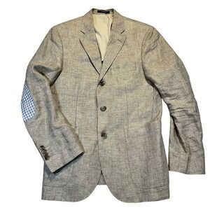 Paoloni Blazer Men Medium Tan Herringbone Gingham Elbow Patch Preppy 100% Linen